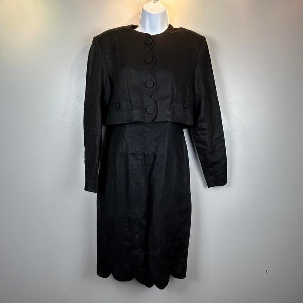 VTG Andrea Jovine Linen Dress & Jacket Set Womens 6 Black Scalloped Hem Retro